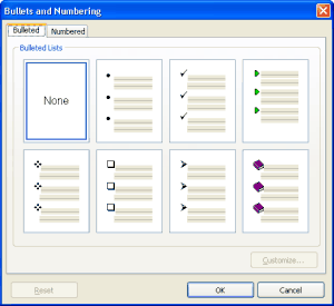 Bullets and numbering dialog