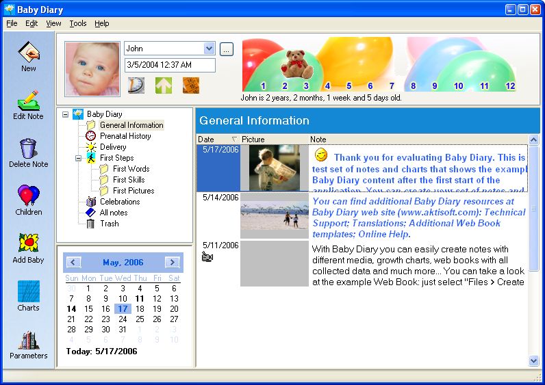 Baby Diary's main screen