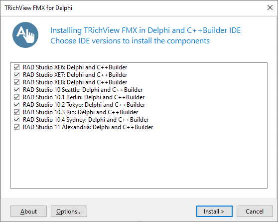 Choosing Delphi and C++Builder versions for installing the components