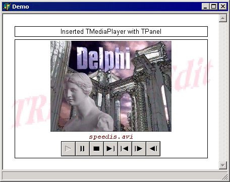 Inserted controls: TMediaPlayer and TPanel, displaying AVI movie