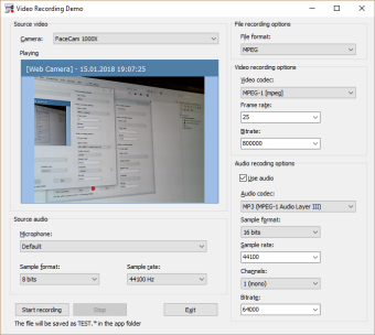 Video recorder demo: recording MPEG, MP4, 3GP, AVI, MOV, MJPEG, FLV, RM in Delphi or Lazarus application