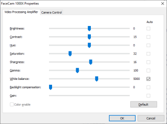 USB webcam properties dialog